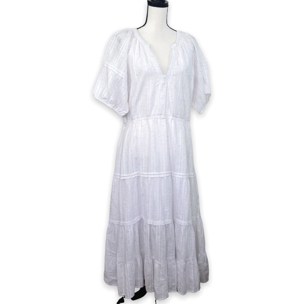 Betsey Johnson Tiered Maxi Dress Size XL White Multicolor Speckled Puff Sleeves